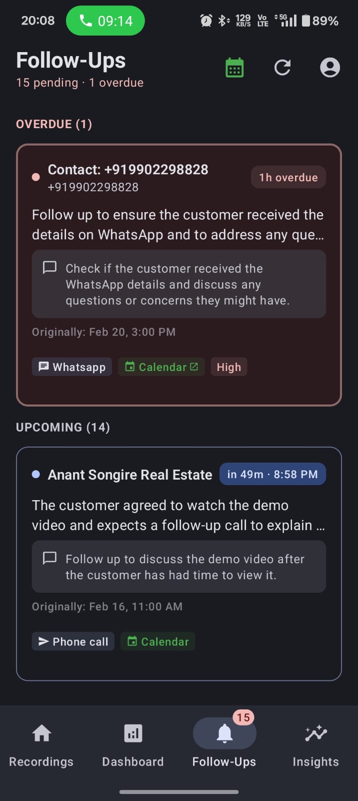 Sahay AI Follow-ups screen showing overdue and upcoming follow-up tasks with WhatsApp and calendar integration