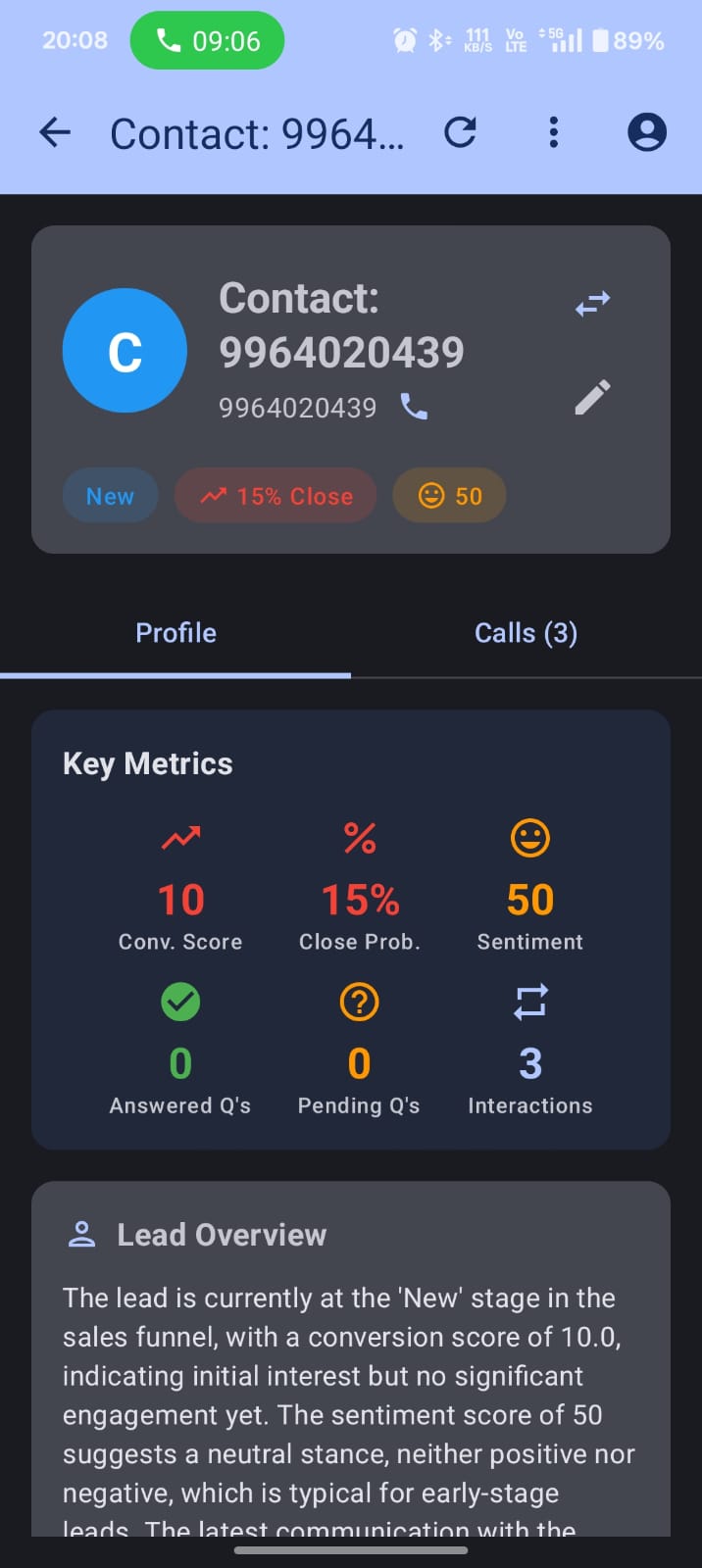 Sahay AI CRM Lead Profile with conversion score, sentiment analysis, and key metrics